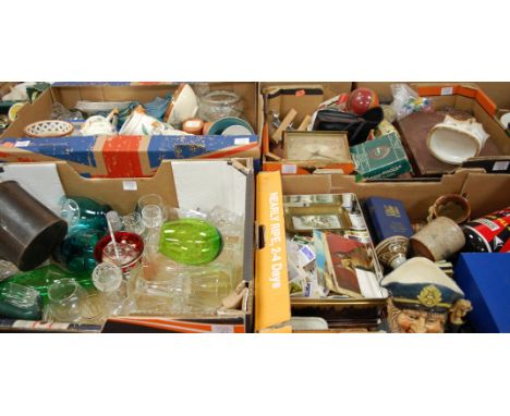 Four boxes of miscellaneous items to include; Staffordshire pastille burner, brass mantel clock, loose collectors cards etc 