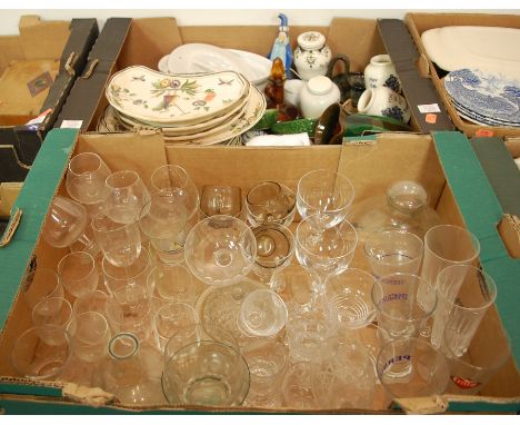 Three boxes of miscellaneous china and glassware to include continental part  dinner service, silver plated entree dish, vari