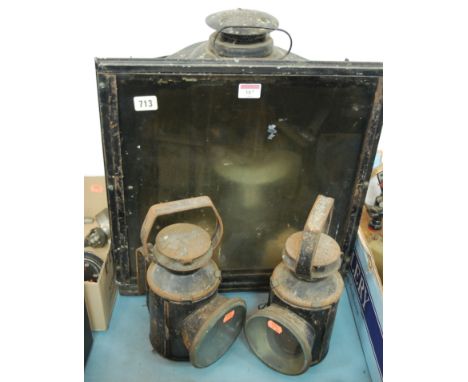 The Adlake Non-Sweating Lamp bearing a label for Lamp Manufacturing & Railway Supplies of Dorking, England, together with two