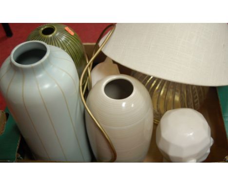 A box of miscellaneous items to include glass table lamp and shade, ceramic bust, studio ware vases etc