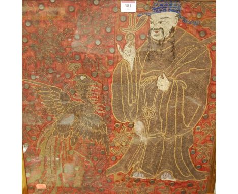 A mid 20th century Chinese silk panel depicting a sage and dragon 