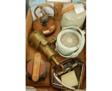 A Walker's Cherub brass cased ship log TW Mk II together with a clinometer and ships compass etc
