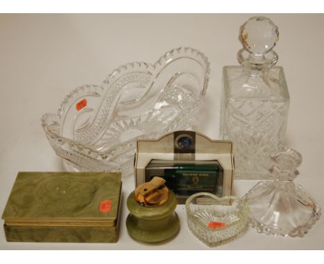 A box of miscellaneous items to include onyx table cigarette box, onyx lighter, glass decanter and stopper etc