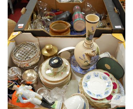 Two boxes of miscellaneous china and glass to include; early 20th century painted glass vase, ebony topped glass dressing tab