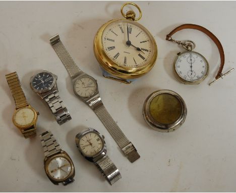 A modern Continental mantel clock in the form of an oversized pocket watch together with various gents' wristwatches, nickel 