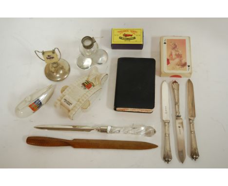 A small collection of miscellaneous items to include a Willow Art crested ware model of a British tank, a silver plated whist