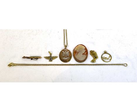 A 9 carat gold cameo pendant on chain, pendant length 4.0cm, chain length 47.5cm; a 9 carat gold cameo brooch/pendant; a 9 ca