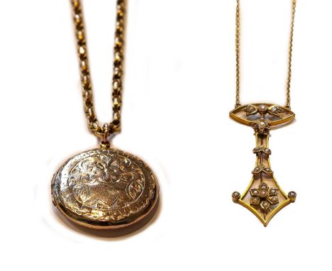 A split pearl necklace, stamped '9CT', necklace length 41.5cm; together with a locket on chain, chain length 44cmFootnote: T-