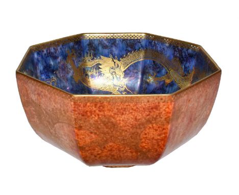 A Wedgewood Ordinary Dragon Lustre octagonal bowl, pattern Z4825, blue mother-of-pearl lustre inside, orange lustre crimson m