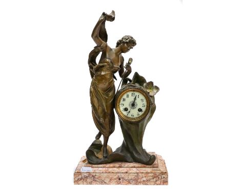 A spelter and marble figural mantle clock striking on a bell, 48cm high