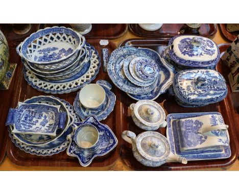 A small collection of early 19th century English pottery printed in underglaze blue, including: Spode chestnut baskets on sta