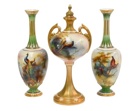 A Royal Worcester twin-handled vase and cover of slender form, model no.2303, decorated with pheasants and signed A. Lewis, 2