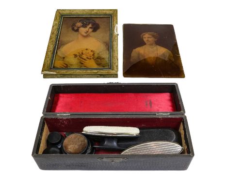 A quantity of postcards including Bamforth, together with a Regency inlaid mahogany tea caddy, a four bottle cruet set, a Bur