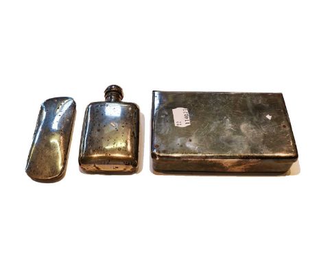 A George V small silver hip flask London, 1917, a silver spectacles case, Birmingham 1924 and a silver plated campaign box (3