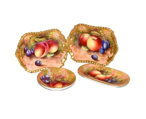 A pair of Royal Worcester miniature gadrooned dishes, painted by Edward Townsend, one with peaches and cherries, the other ap