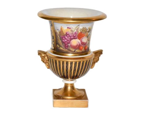 A Miles Mason campana shaped vase, circa 1810, with twin satyr mask handles, rich gilt banding and a leaf and berry design ov