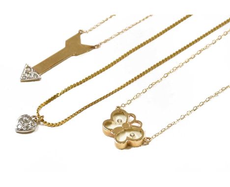 A heart shaped diamond pendant on chain, chain length 38cm; a diamond arrow necklcace; and another butterfly motif necklaceCo