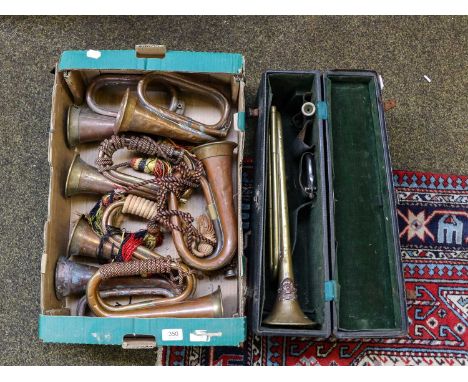 A box of bugle and boys brigade, and cased items including potter maker, trumpet, 17th/21st Lancers