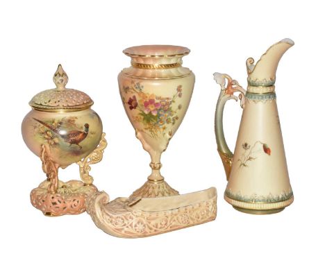 Royal Worcester China Works blush ivory pot pourri painted with pheasants; together with a Royal Worcester ewer painted with 