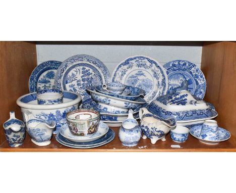 A quantity of mainly early 19th century English pottery printed in underglaze blue, including Coalport, Masons and Spode, Jum