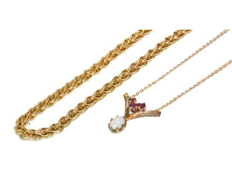 A 9 carat gold spiga link chain, length 51cm; and a 9 carat gold opal necklace, length 40cmCondition report: Gross weight 13.