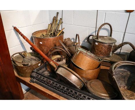 ~A very large collection of mainly Victorian copper, brass and other metal wares, to include watering can, fire tools, jam pa