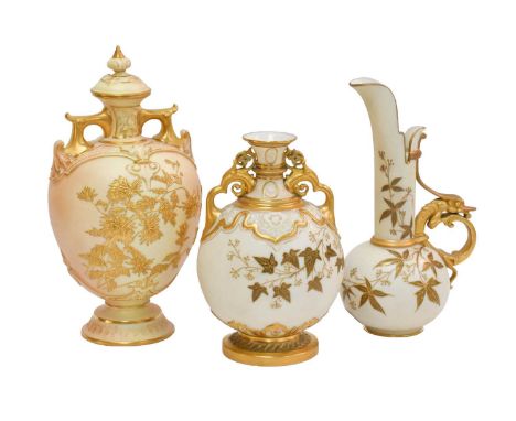 A Royal Worcester gilt embellished blush ivory twin-handled vase and cover (a.f.), 24cm high, together with a similar twin-ha