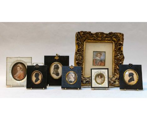 ~A 19th century portrait miniature of a lady wearing a bonnet, frame stamped W. Hill, Birmingham, together with another portr