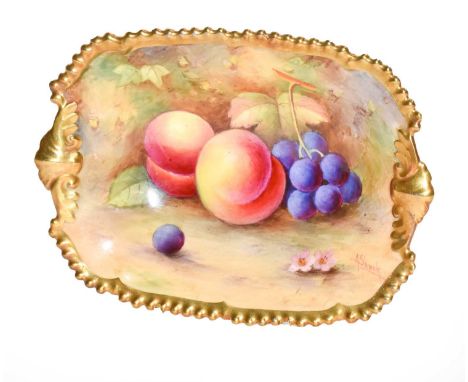 A Royal Worcester gadrooned dish painted by Albert Schuck, with peaches and grapes, puce mark, 18cmCondition report: Heavily 