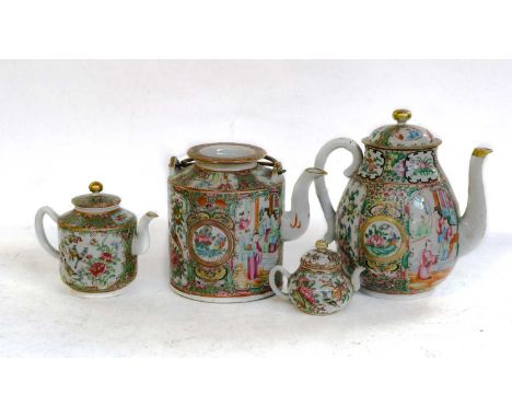 A Cantonese porcelain pear formed teapot and cover with faux bamboo spout and handle, 20cm, together with a Cantonese kettle 