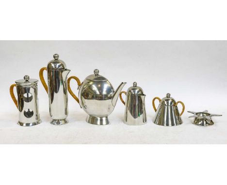 A Nick Munro pewter coffee and teaset on a tray; a Burleigh ware sandwich set, designed by Charlotte Rhead; a Crown Devon pla