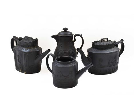 Four early 19th century black basalt teapots, including Wedgwood decorated with sprigged mouldings, together with a sucrier, 