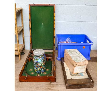 Vintage games, marbles, and bagatelle, solitaire board, bridge box, chess pieces