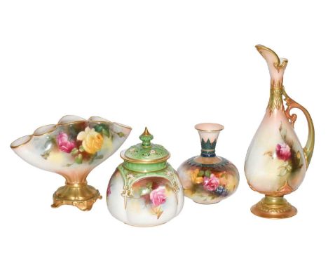 A Royal Worcester rose painted ewer, 21cm high; together with a similar vase and cover, another, and a spill vase (4)Conditio