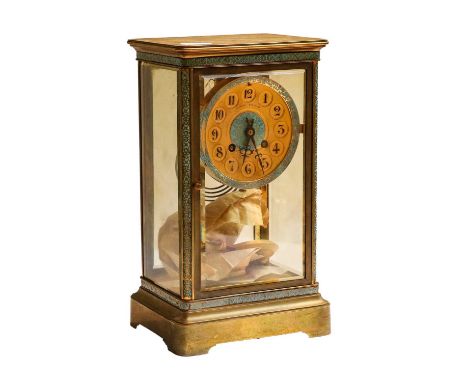 A brass four glass chempleve enamel striking mantel clock, retailed by Cahoon Brothers, Paris, circa 1890, twin spring barrel