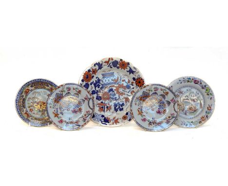 An early 19th century Spode Imari egg stand, a pair of Spode tobacco leaf small plates, a pair of Derby Imari gadrooned plate