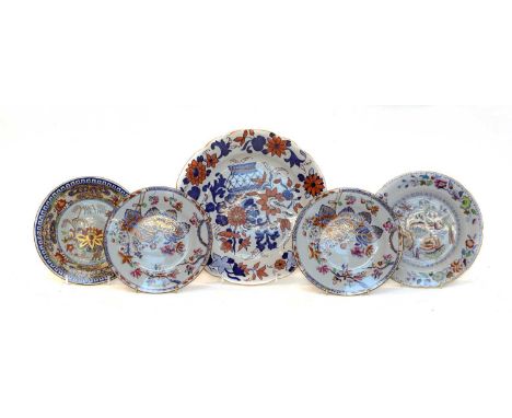 An early 19th century Spode Imari egg stand, a pair of Spode tobacco leaf small plates, a pair of Derby Imari gadrooned plate