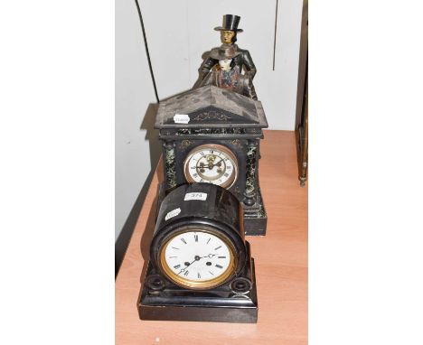 ~ A Victorian black slate and marble striking mantel clock, an ebonised striking mantel clock retailed by Reid &amp; Sons, Pa