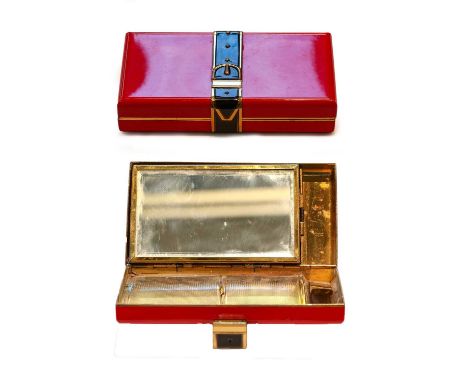 A sapphire and diamond set horseshoe bar brooch; an Art Deco red enamel powder compact; three other powder compacts and a lip