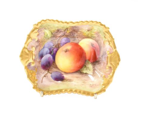 A Royal Worcester small gadrooned pin dish painted by Thomas Lockyer, circa 1933, decorated with apples and grapes, puce mark