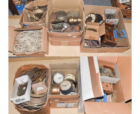A quantity of clock makers items, including: longcase clock bells, mantel clock bezels, carriage and mantel clock cases, Fren