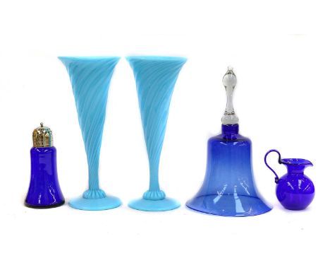 A collection of assorted coloured glassware, including a Bohemian etched and amber flash vase, and an amber glass epergne wit