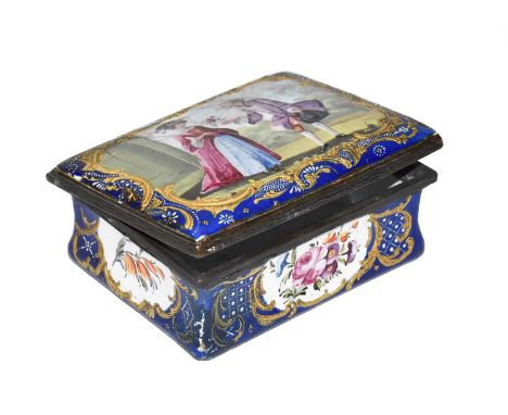 An 18th century enamel decorated hinged box, decorated with a courting couple (a.f.)