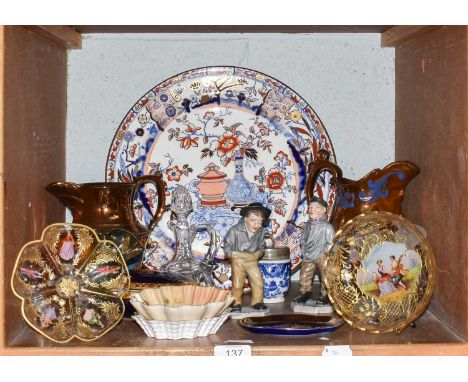 Two Royal Worcester figures and a small blush ware dish, together with a 19th century Masons Imari stand, two enamelled and g