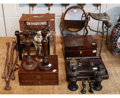 A silver plated cocktail shaker, a Georgian mahogany desk stand, two mahogany boxes, a small toilet mirror, a pair of bronzed