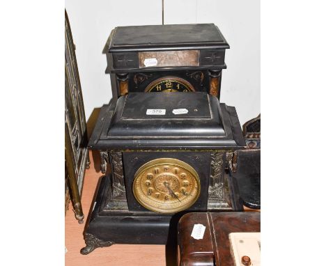 ~A Victorian black slate and marble striking mantel clock, another striking mantel clock, and a wall timepiece with spring dr