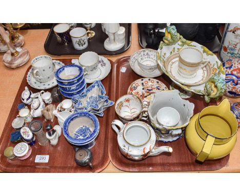 A quantity of mainly 19th century ceramics, including: a Staffordshire canary yellow jug, a Cantagalli centrepiece, Spode, Wo