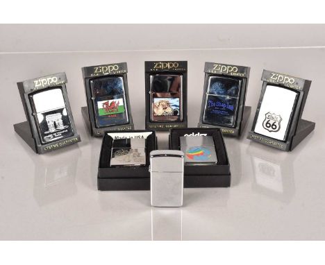 Travelling, an assortment of Zippo Lighters relating to travelling, including Arch de Triomphe, The Ship Inn Barbados, Route 