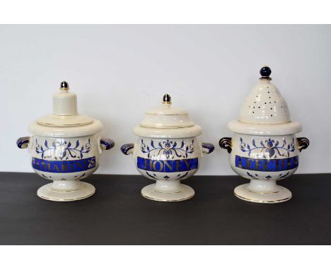 Three Royal Pharmaceutical Society ceramic Pharmacists Apothecary Jars and Covers, comprising Tamarinds, Leeches, and Honey, 