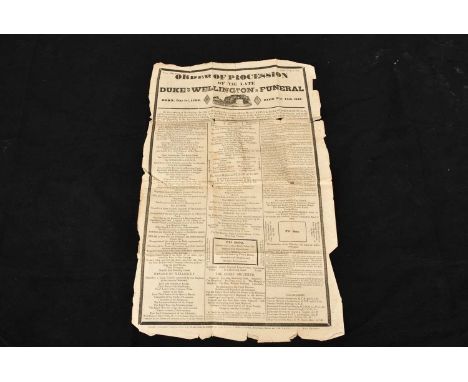 A Broadsheet print of the 'Order of Procession of the late Duke of Wellington's Funeral, from 'The Times', dated Saturday Nov